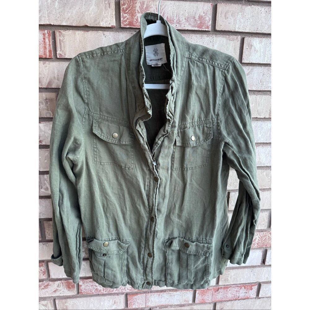 Artisan NY army green 100% linen utility tactical military lightweight jacket bu
